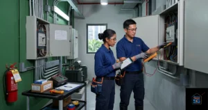 An Electric Repair SG image, featuring a male and female electrician inspecting a large industrial control panel.