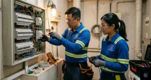 An Electric Repair SG image, featuring a male and female electrician repairing an open electrical circuit breaker panel.