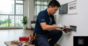 An Electric Repair SG image, featuring an electrician in a navy blue uniform repairing a wall socket in a Singapore apartment.